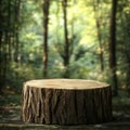 Wooden stump on blurred forest background. 3D Rendering. Royalty Free Stock Photo