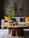 Wooden stump coffee table near gray armchairs and sofa. Hollywood regency interior design of modern living room