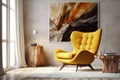 Wooden stump coffee table near vibrant yellow fabric wing chair against concrete wall with art poster. Scandinavian interior Royalty Free Stock Photo