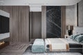 Wooden Style Tiles Used For Wall and Floor Interior, Classic Bed With Bed Benches, 3D Rendering