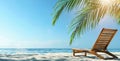 wooden sun lounger under palm tree in summer on a tropical beach