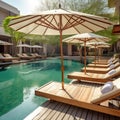 Wooden Sunbeds with Rattan Umbrellas near Swimming Pool. AI Royalty Free Stock Photo