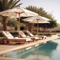 Wooden Sunbeds with Rattan Umbrellas near Swimming Pool. AI Royalty Free Stock Photo