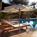 Wooden Sunbeds with Rattan Umbrellas near Swimming Pool. AI Royalty Free Stock Photo