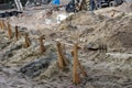 Wooden supports on the construction site.