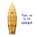 Wooden surf board with tribal ornament