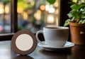 Wooden surface backdrop for a circular pile of drink pads with a blank coaster stack mockup and wood texture Royalty Free Stock Photo