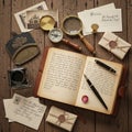 Setting evokes an old-fashioned writing desk with a focus on explo Royalty Free Stock Photo