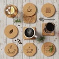 Wooden surface featuring minimalist designs of coffee cups geometric Royalty Free Stock Photo