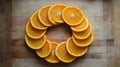 Wooden Surface with Flat Lay of Neatly Arranged Orange Halves ai generated Royalty Free Stock Photo