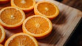 Wooden Surface with Flat Lay of Neatly Arranged Orange Halves ai generated Royalty Free Stock Photo
