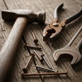 Wooden surface includes a hammer with a wooden handle, a pair of pliers, Royalty Free Stock Photo