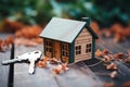 Wooden surface, miniature house and key, focus on homeownership concept