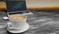 Wooden surface and plank desk table with laptop computer, cup of latte art coffee and smartphone. Top view with copy space, flat Royalty Free Stock Photo