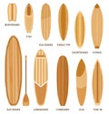 Wooden surfboard sizes and types, bodyboard, longboards and shortboards. Cartoon surf boards shapes design, funboard and Royalty Free Stock Photo