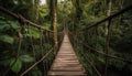 Wooden suspended bridge in a forest. Generative AI