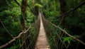 Wooden suspended bridge in a forest. Generative AI