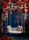 A wooden swing adorned with red roses and hanging from branches. Royalty Free Stock Photo