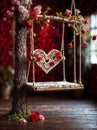 A wooden swing decorated with red roses and a heart. Royalty Free Stock Photo