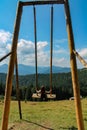 Wooden Swing on Mountain Meadow: A Serene Retreat with Majestic Mountain View and Lush Pine Forest. Enjoy a Sunny Summer Day as a