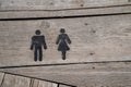 Wooden symbols for mens and women public restrooms on a wood board