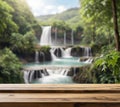 Wooden tabel top blur nature waterfall background. Product display nature background. Product display mockup Royalty Free Stock Photo