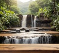 Wooden tabel top blur nature waterfall background. Product display nature background. Product display mockup