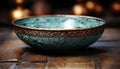 Wooden table adorned with ancient earthenware pottery, rustic and ornate generated by AI