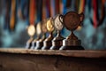 Wooden table adorned with awards signifies a path of triumph Royalty Free Stock Photo