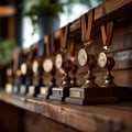 Wooden table adorned with awards signifies a path of triumph Royalty Free Stock Photo