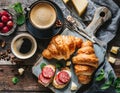 Breakfast with coffee and croissants on a table. Selective focus. AI