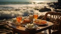 breakfast salad bread wine on a wooden table decorated with flowers by the sea while enjoying the waves