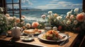 breakfast salad bread on a wooden table decorated with flowers by the sea while enjoying the waves