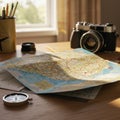 A wooden table is adorned with a detailed map, a classic rangefinder camera, a Royalty Free Stock Photo