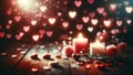 wooden table adorned with hearts, set against a backdrop of defocused bokeh hearts