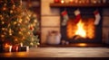 Wooden table against the background of a fireplace and a Christmas tree. Selective focus. Royalty Free Stock Photo