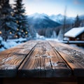 Wooden table against a snowy landscape, offering text and design space. Royalty Free Stock Photo