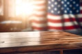 Wooden table with American flag on backdrop. Generate ai Royalty Free Stock Photo