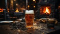 Wooden table, beer mug, fire, dark night, drink, celebration generated by AI