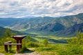 Wooden table and bench on the top of mountain pass Chike-Taman i Royalty Free Stock Photo