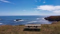 Wooden table with benches on the Goat Rock beach pf Jenner, California, USA