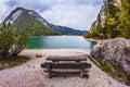 Wooden table and benches for picnics