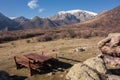 Wooden table and benches for tourist rest zone at the trail to Botev peak. Central balkan national park, Stara planina mountain, B