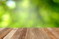 Wooden table with blur green leave background.perspective view for display products Royalty Free Stock Photo
