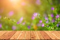 Wooden table on and blur nature green tree and purple flower