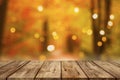 Wooden table with blurred autumn forest background