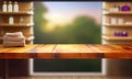 Wooden table on blurred background of bathroom window and shelves, generative AI Royalty Free Stock Photo