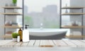 Wooden table on blurred background of bathroom window and shelves, generative AI Royalty Free Stock Photo