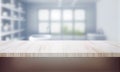 Wooden table on blurred background of bathroom window and shelves, generative AI Royalty Free Stock Photo