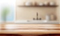 Wooden table on blurred background of bathroom window and shelves, generative AI Royalty Free Stock Photo